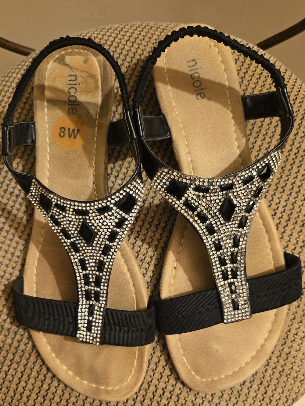 Nicole Black T-Strap Sandals with Silver Rhinestones